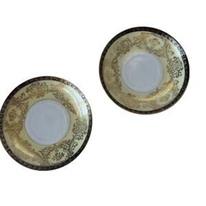Vtg 40s Ishihara China Saucer Set of 2 Occupied Japan Gold Filigree Mid Century